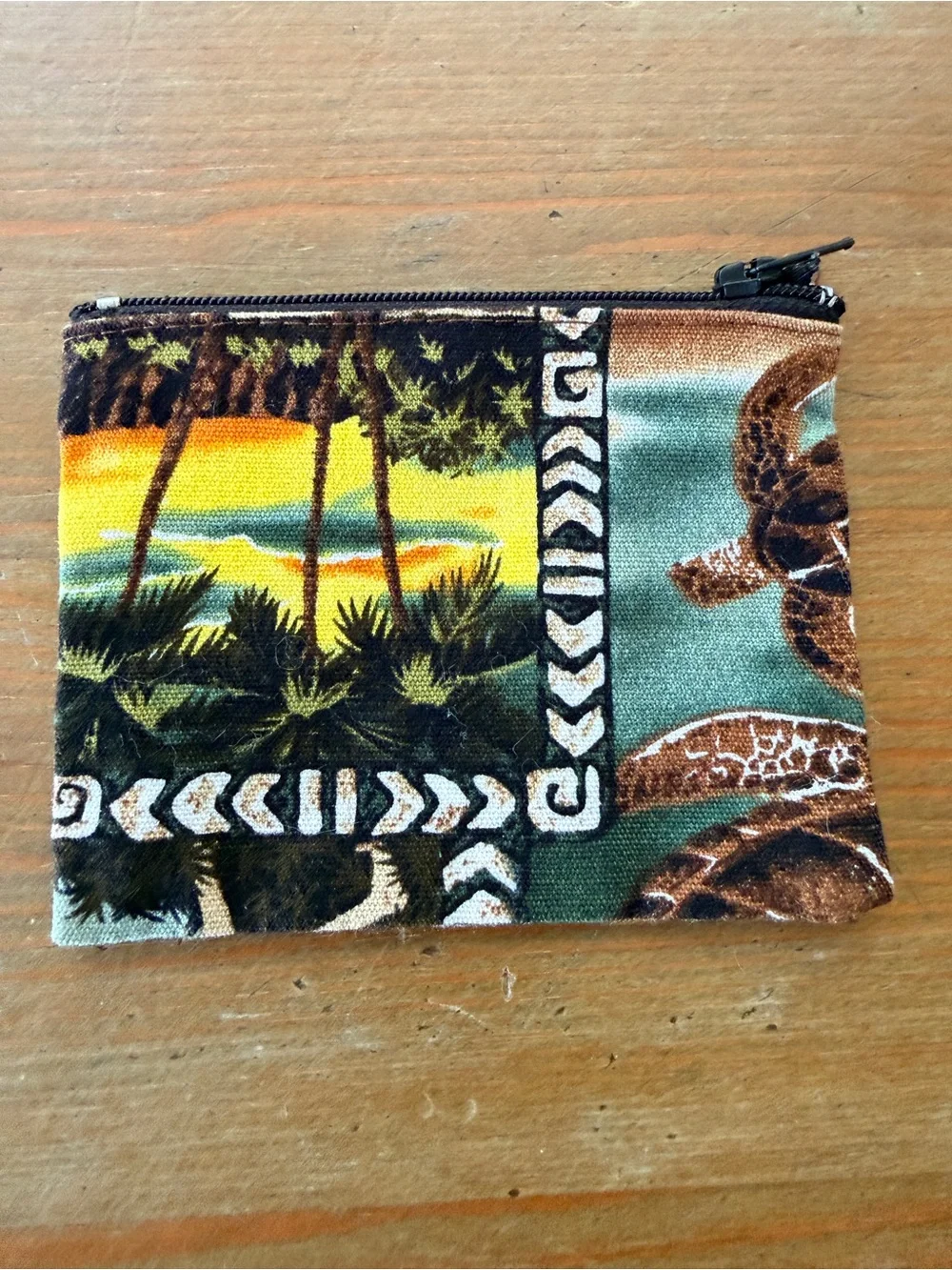 Island Aloha Wear Hawaiian Print Coin Pouch Card Wallet Teal & Brown Palm Trees